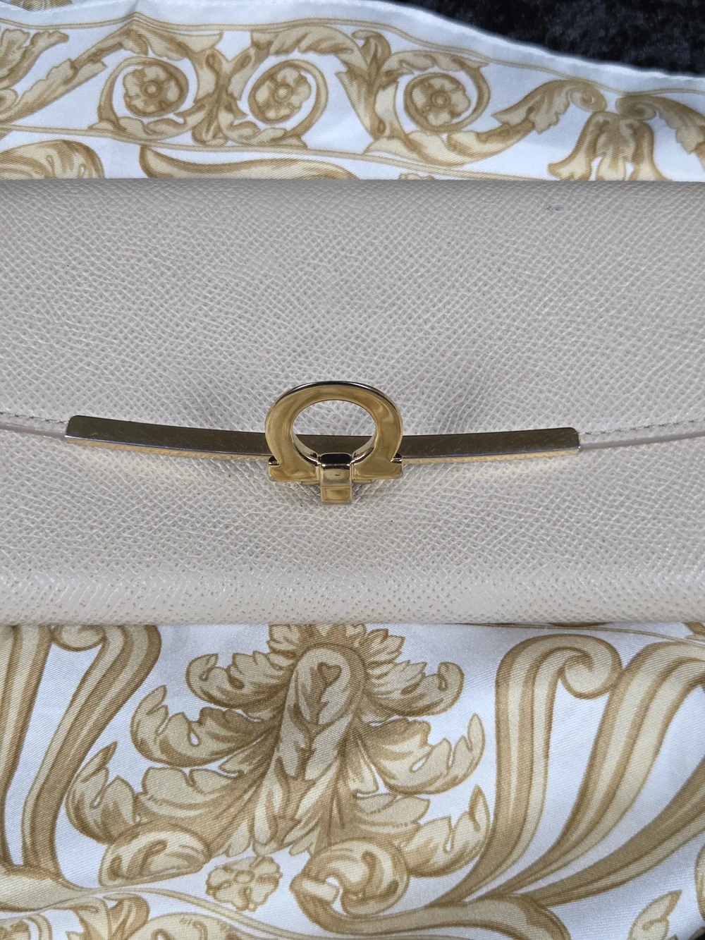 Salvatore Ferragamo Beige Leather Chain Clutch with Gold Hardware